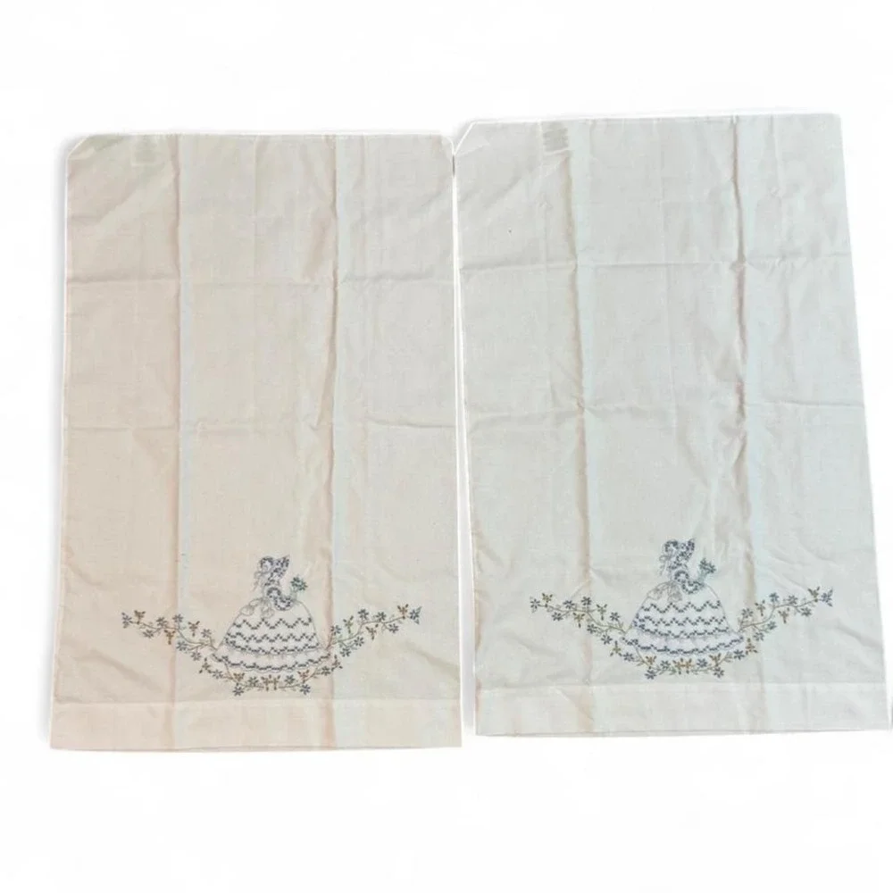 Embroidered cross stitched white pillowcase set of 2‎ w/ blue floral girl dress